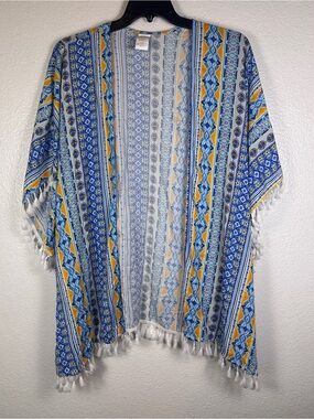 La Blanca Blue Yellow Geometric Fringe
Shawl Wrap Cover-Up Woven Rayon Women's